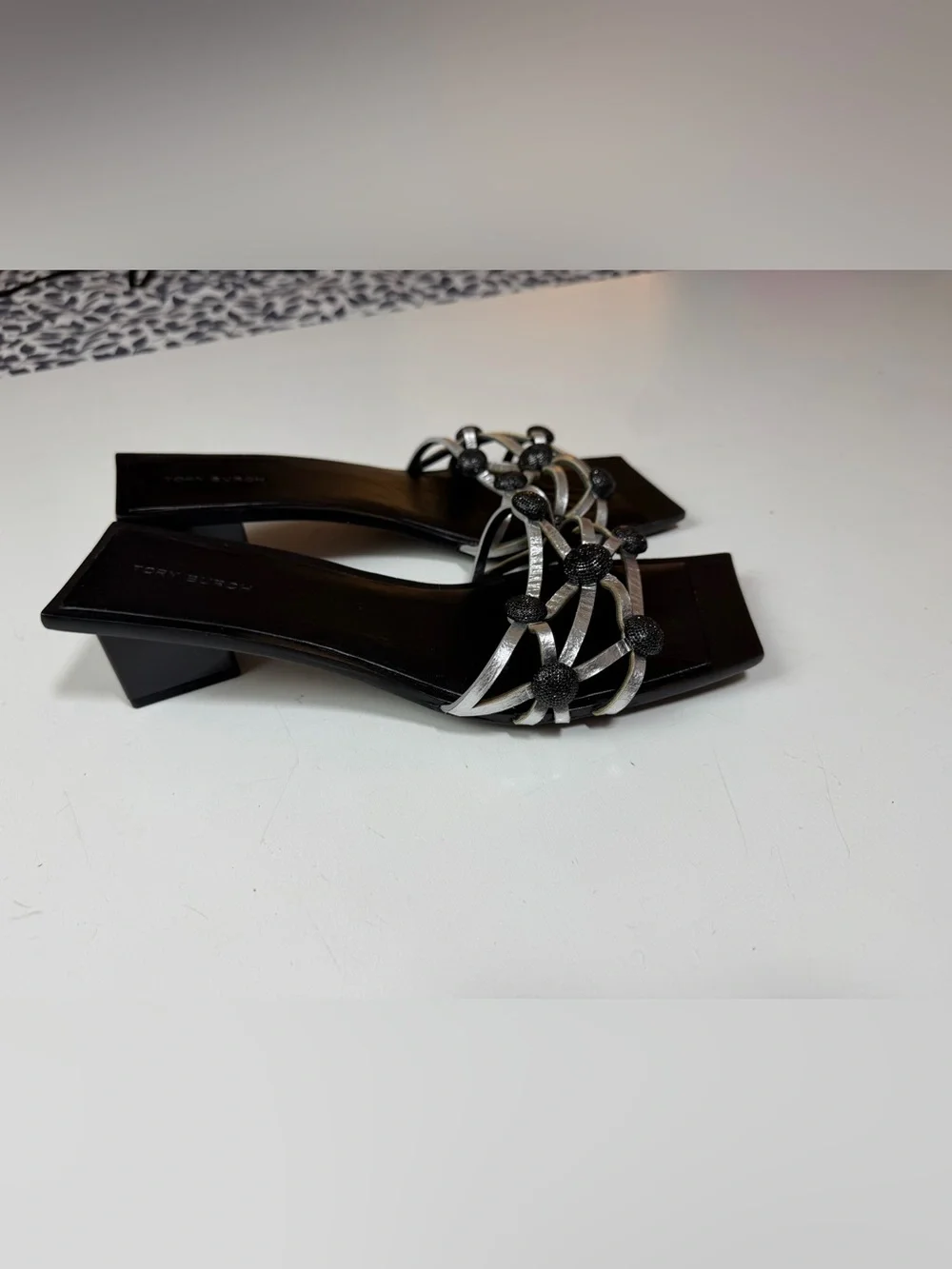 Tory Burch Black Crystal Bobble Silver Metallic Leather Square Toe Low Heels 8.5